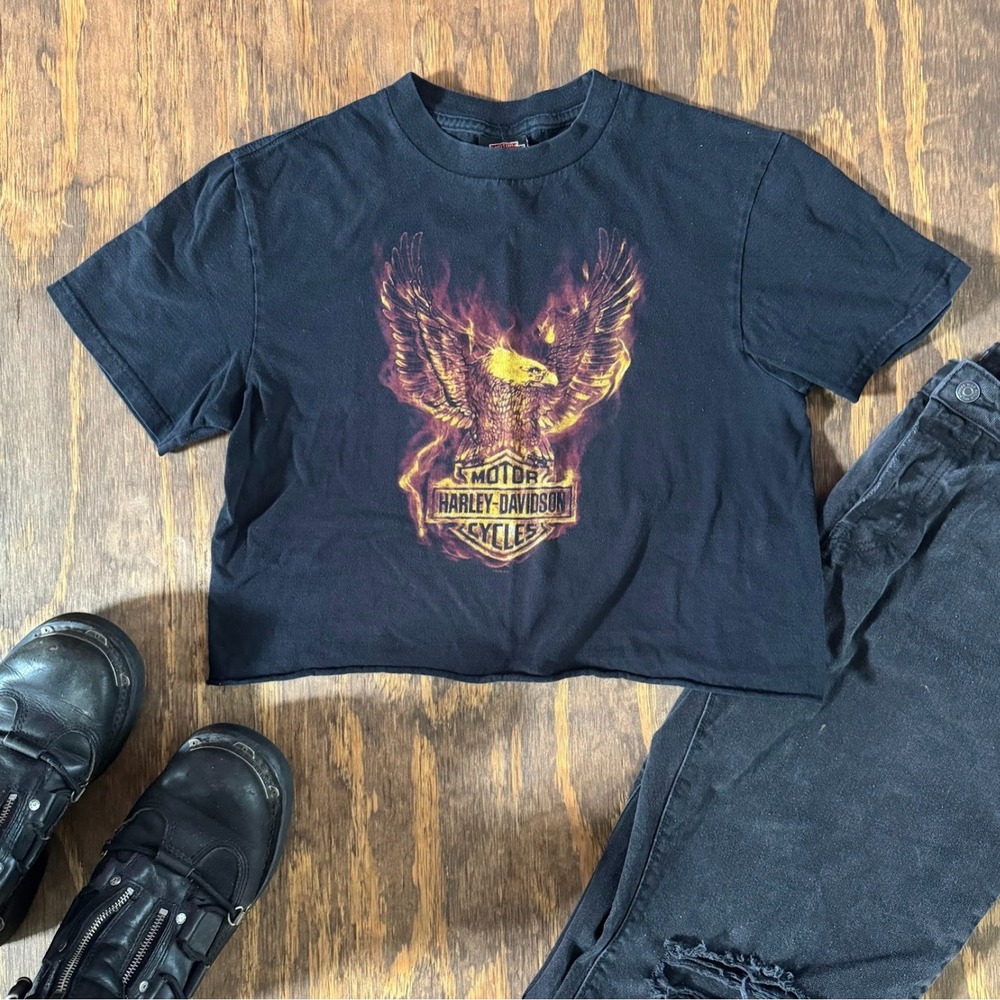 2009 Harley Davidson Lancaster Eagle Flame Crop Top Shirt Women's Boxy Tee